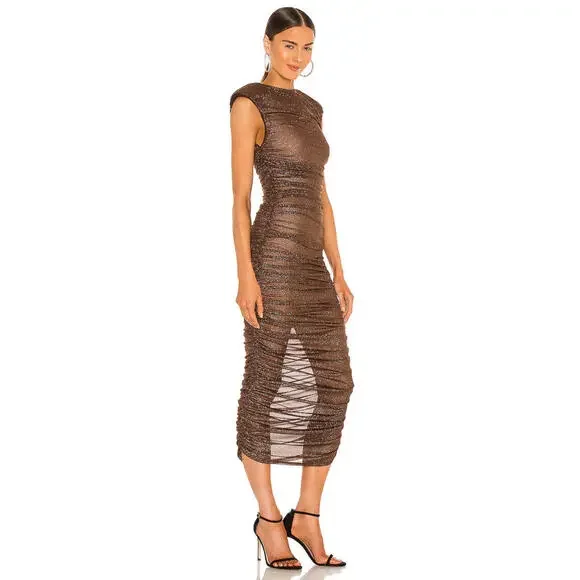 Bronx & Banco Maya Ruched Bateau Neckline Long Dress XS Brown Glitter Sheer NWT - Picture 3 of 8